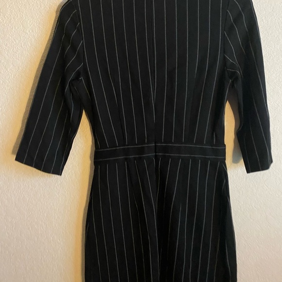 LONYUASH Elegant Black Vertical Striped Sheath Belted 3/4 Sleeves Office Dress S - Picture 15 of 16